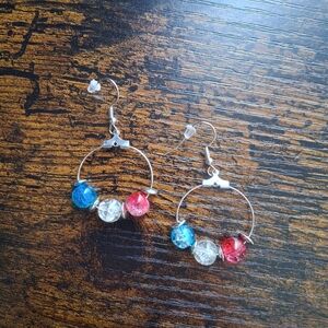 Red, Blue & Clear Glass Bead Hoop Earrings